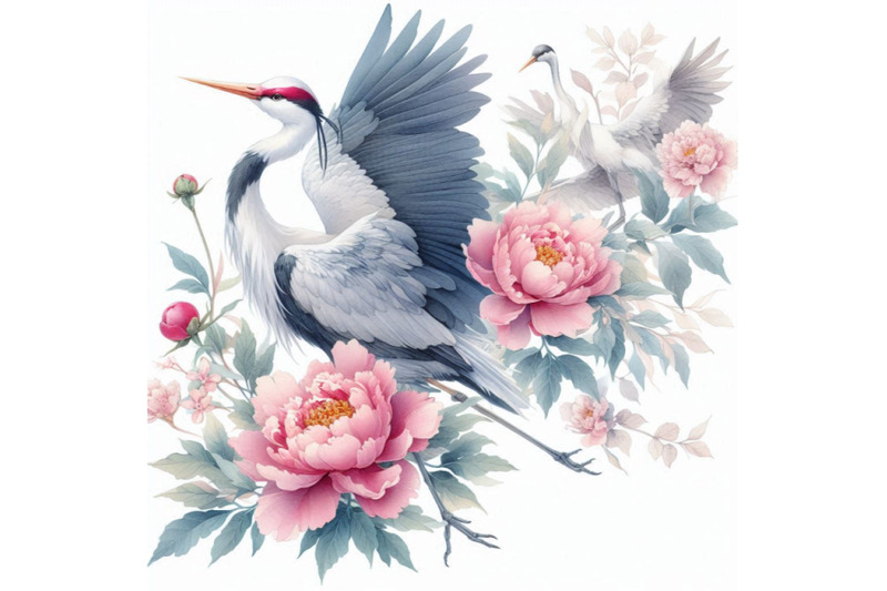 hand-painted-watercolor-peonies-and-crane-birds