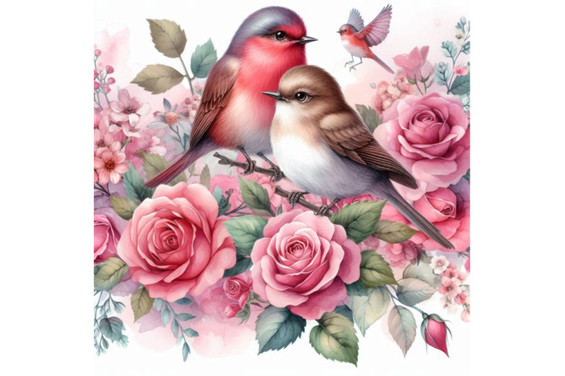 watercolor-birds-on-the-pink-and-red-roses