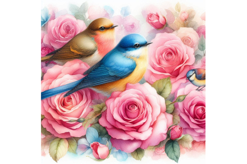 watercolor-birds-on-the-pink-and-red-roses