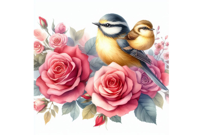 watercolor-birds-on-the-pink-and-red-roses