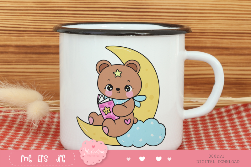 cute-teddy-bear-read-book-on-moon-kawaii-clipart-bedtime