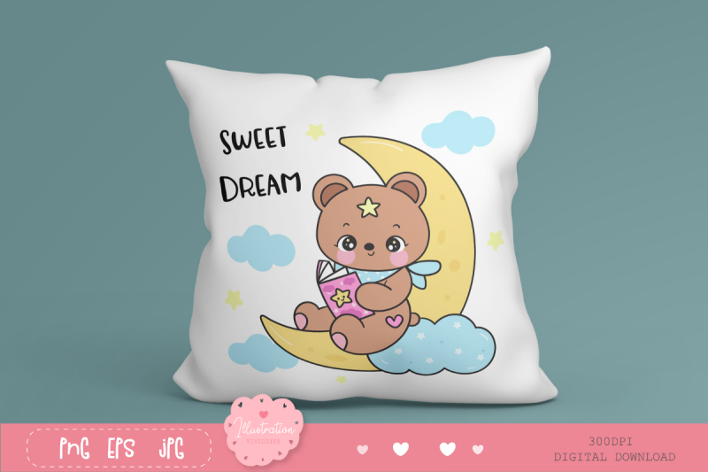 cute-teddy-bear-read-book-on-moon-kawaii-clipart-bedtime