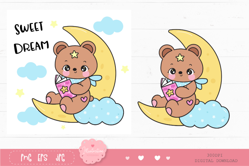 cute-teddy-bear-read-book-on-moon-kawaii-clipart-bedtime