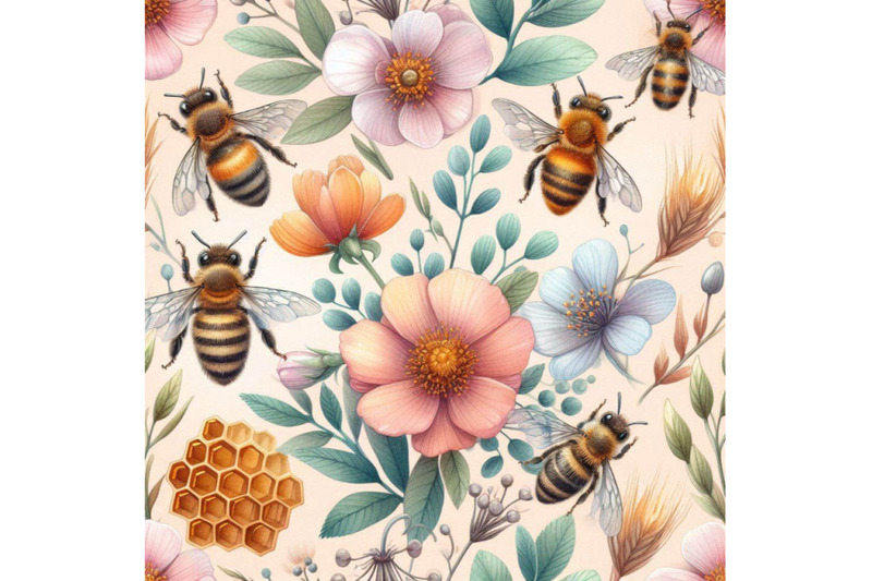 watercolor-bees-flowers-and-honeycombs-seamle