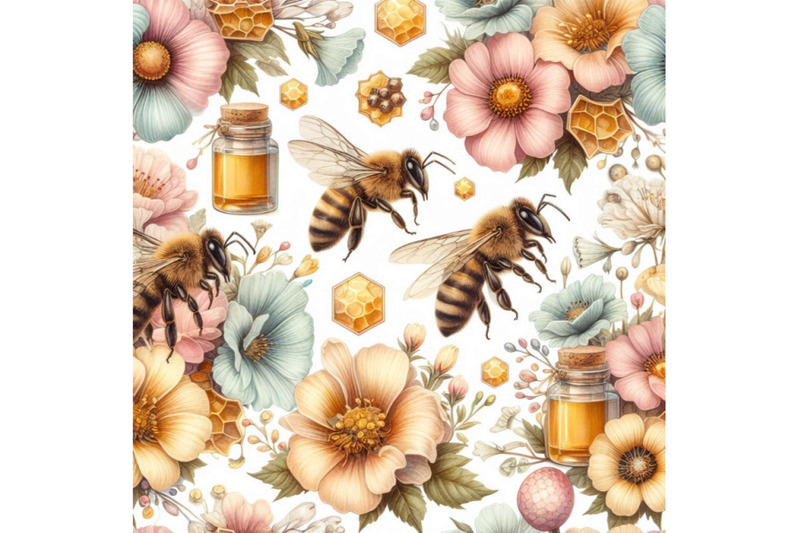 watercolor-bees-flowers-and-honeycombs-seamle