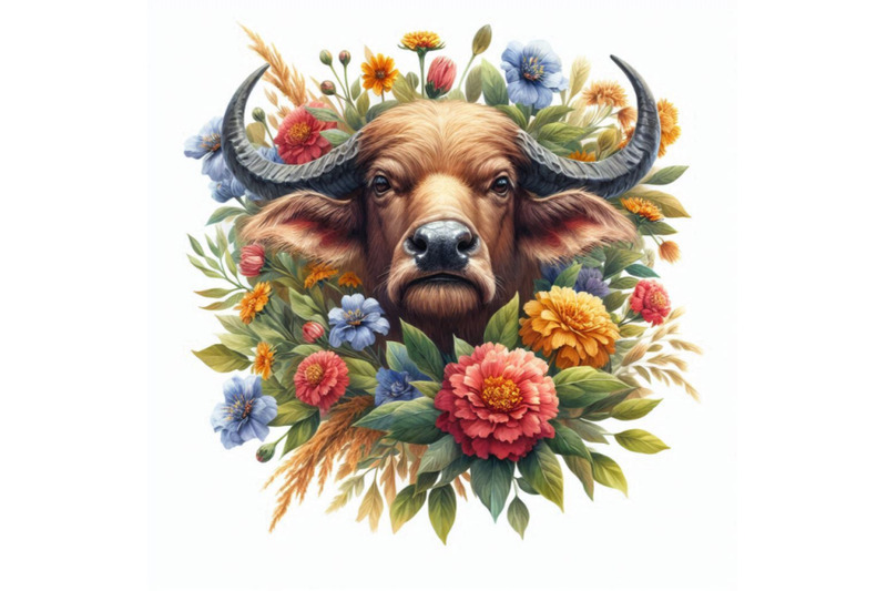 watercolor-buffalo-head-with-flowers-isolate-on-white-backgrou