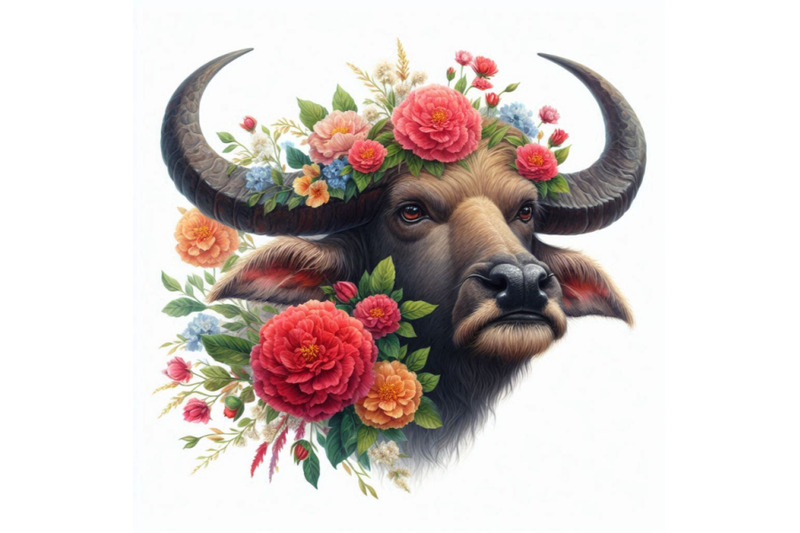 watercolor-buffalo-head-with-flowers-isolate-on-white-backgrou