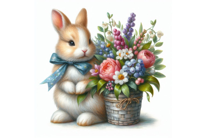 a-rabbit-bunny-with-a-bouquet-of-flowers-isolate-on-white-backg