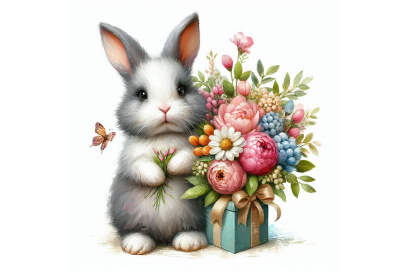 a-rabbit-bunny-with-a-bouquet-of-flowers-isolate-on-white-backg