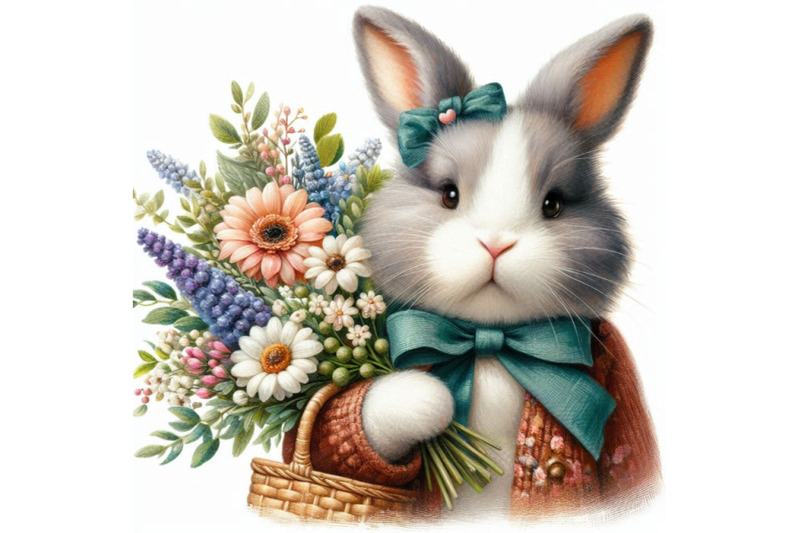 a-rabbit-bunny-with-a-bouquet-of-flowers-isolate-on-white-backg