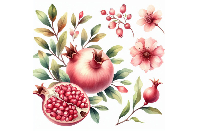 watercolor-pomegranate-bloom-branches-and-frui