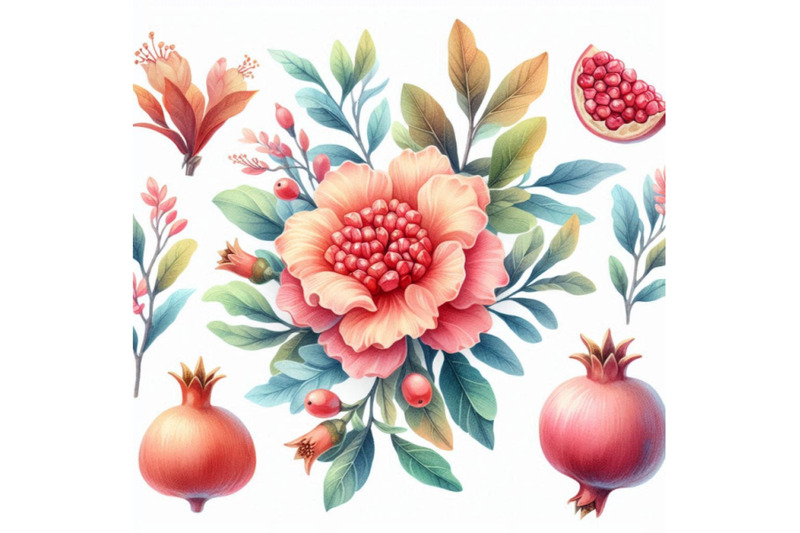 watercolor-pomegranate-bloom-branches-and-frui