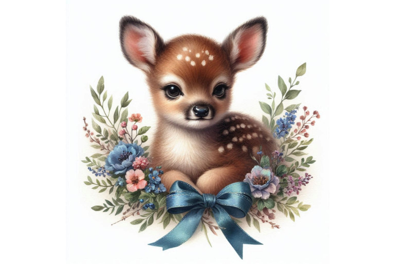 cute-watercolor-baby-deer-with-the-blue-ribbon-surrounded-by