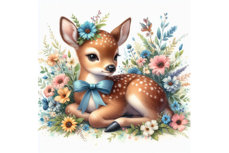 cute-watercolor-baby-deer-with-the-blue-ribbon-surrounded-by