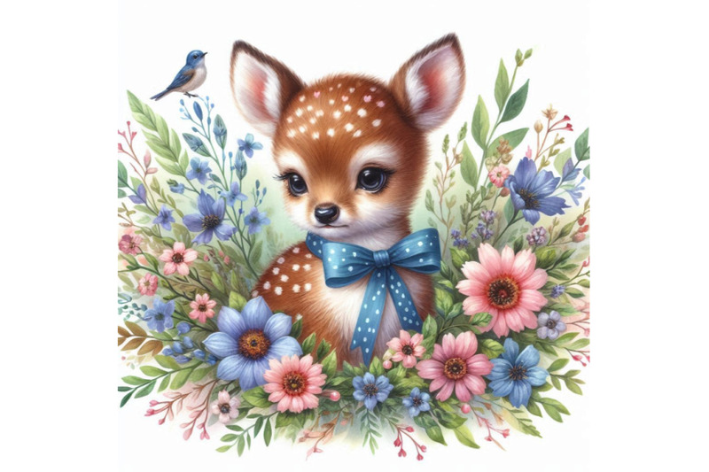 cute-watercolor-baby-deer-with-the-blue-ribbon-surrounded-by