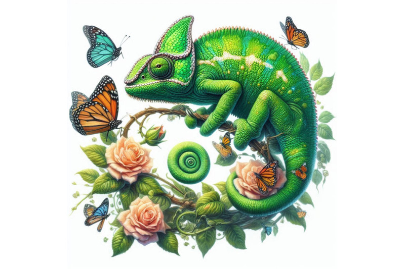 watercolor-green-chameleon-with-butterflies-isolate-on-white-b