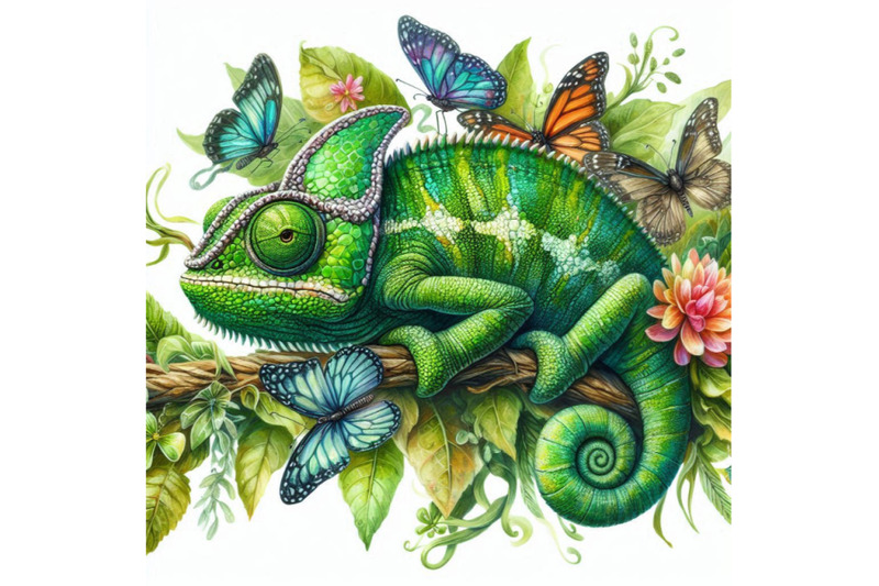 watercolor-green-chameleon-with-butterflies-isolate-on-white-b