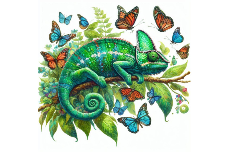 watercolor-green-chameleon-with-butterflies-isolate-on-white-b