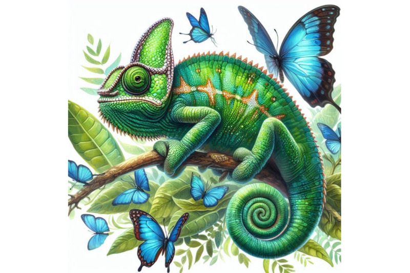 watercolor-green-chameleon-with-butterflies-isolate-on-white-b