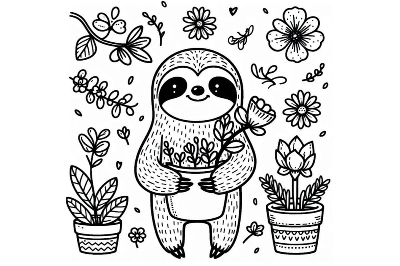 cute-sloth-with-a-pot-of-flowers