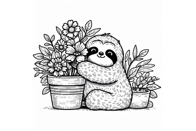 cute-sloth-with-a-pot-of-flowers