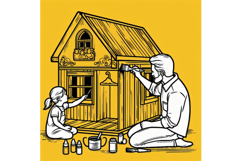 a-father-finishing-to-paint-a-wooden-toy-house-for-his-daughter