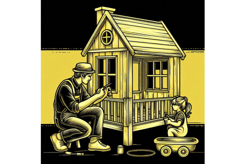 a-father-finishing-to-paint-a-wooden-toy-house-for-his-daughter