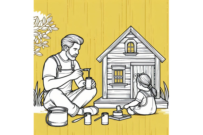 a-father-finishing-to-paint-a-wooden-toy-house-for-his-daughter