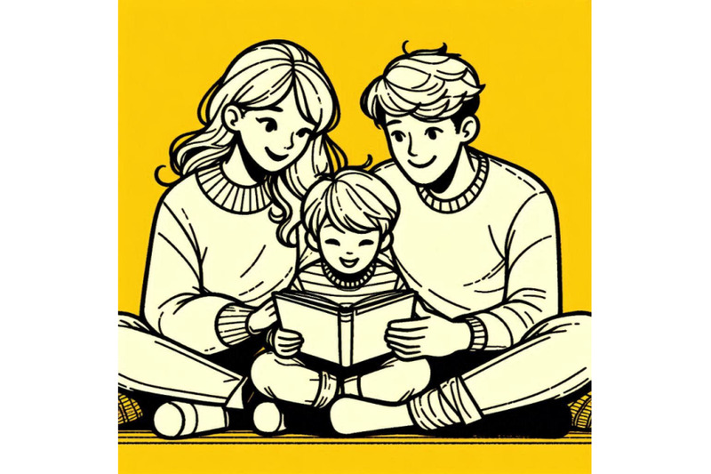 cartoon-mother-father-and-son-reading-a-book-together