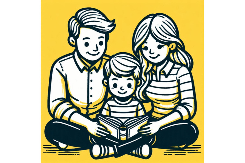 cartoon-mother-father-and-son-reading-a-book-together