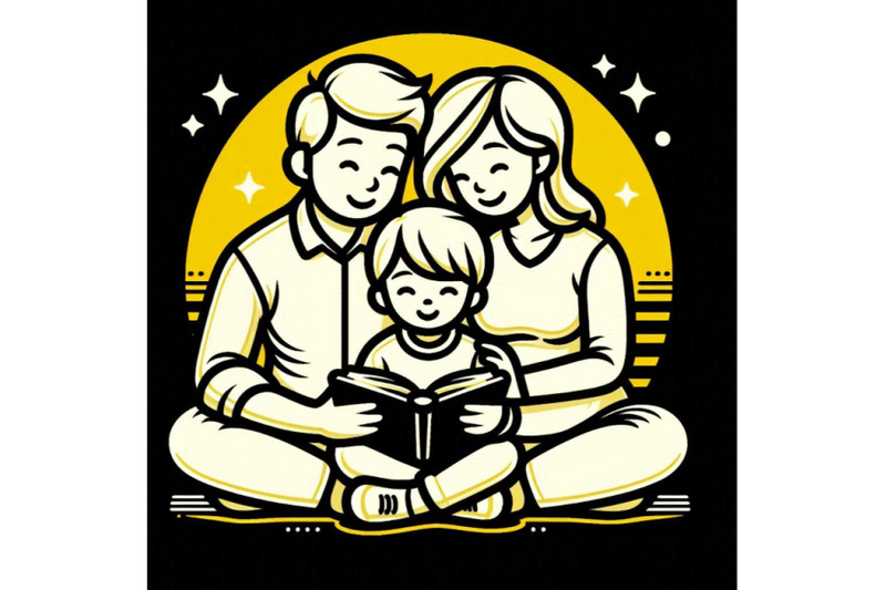 cartoon-mother-father-and-son-reading-a-book-together