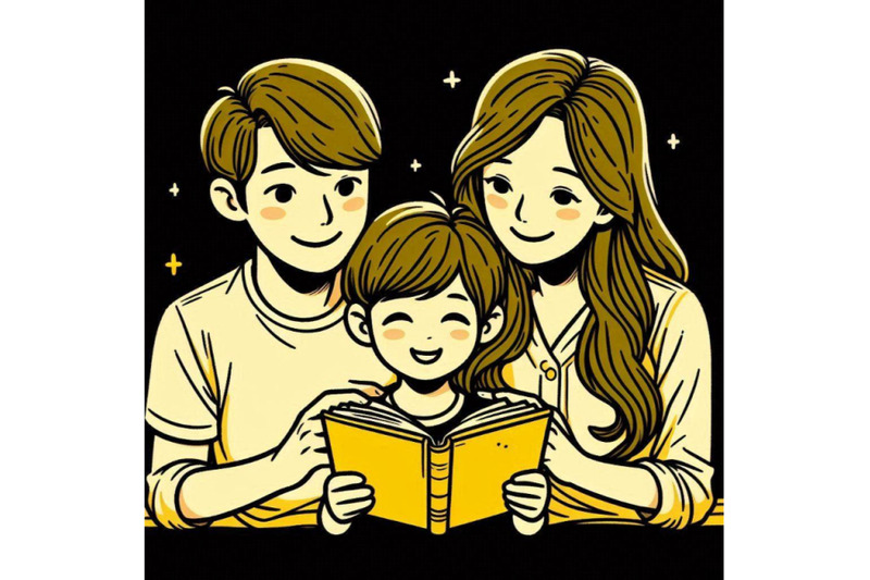 cartoon-mother-father-and-son-reading-a-book-together