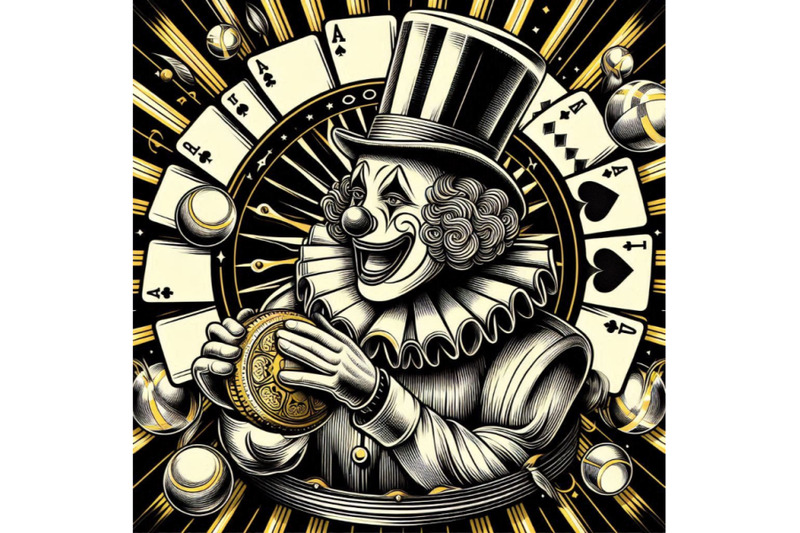 clown-from-circus-in-hubcap-with-playing-cards