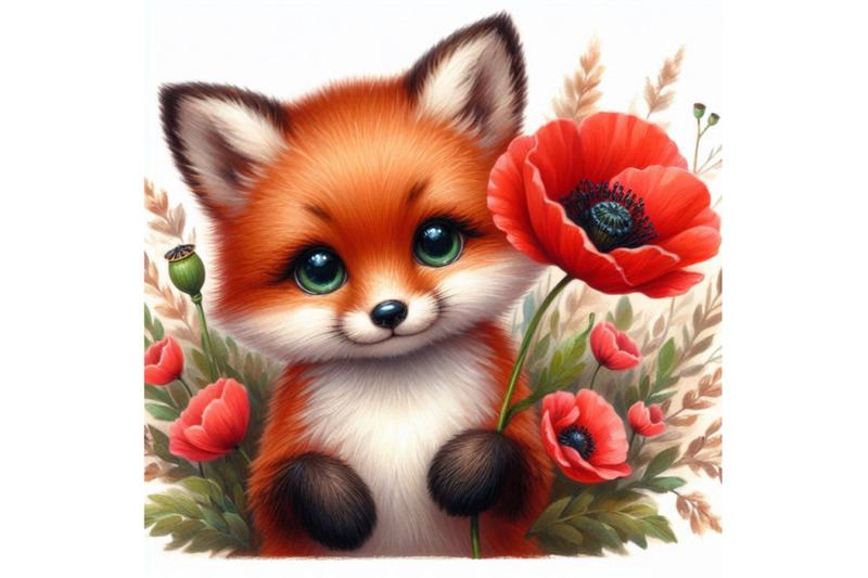 cute-fox-holding-a-red-poppy