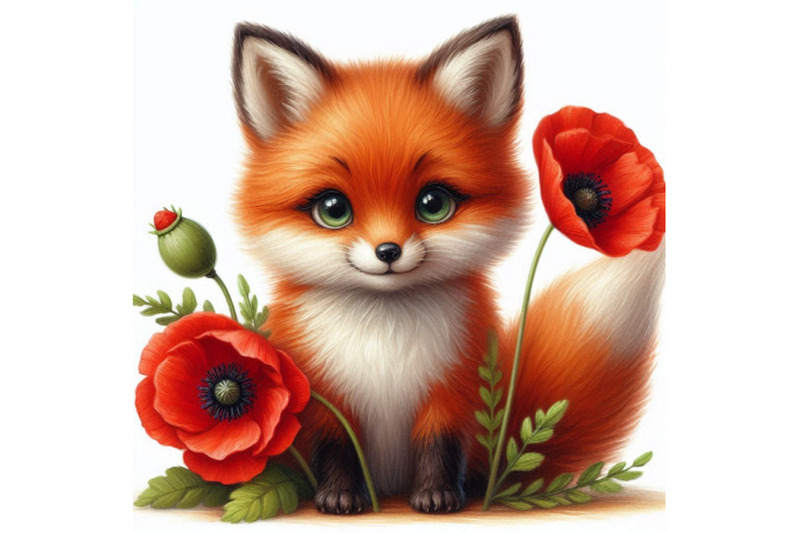 cute-fox-holding-a-red-poppy