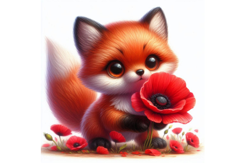 cute-fox-holding-a-red-poppy