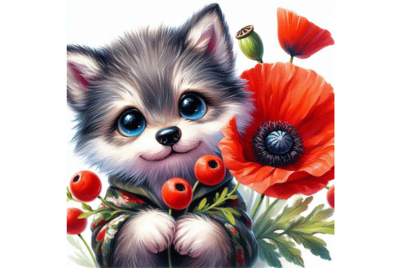 cute-wolf-holding-a-red-poppy