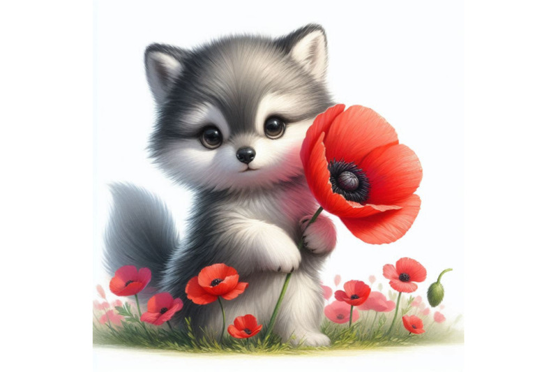 cute-wolf-holding-a-red-poppy