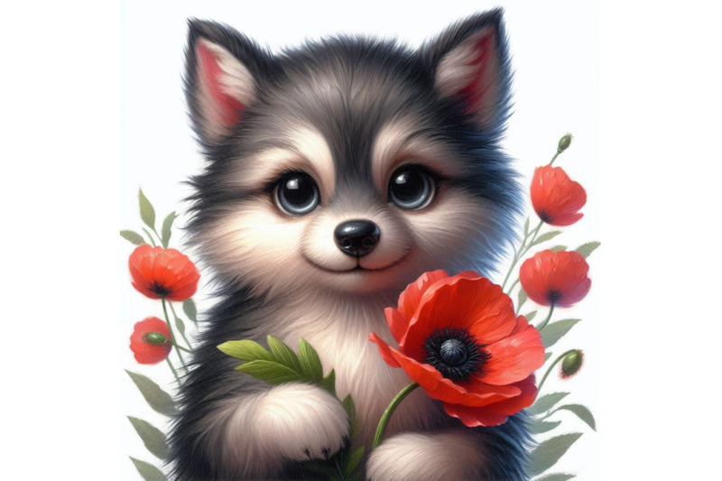 cute-wolf-holding-a-red-poppy