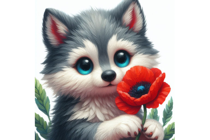 cute-wolf-holding-a-red-poppy