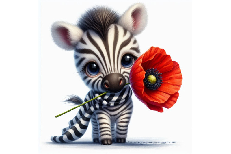 cute-zebra-holding-a-red-poppy