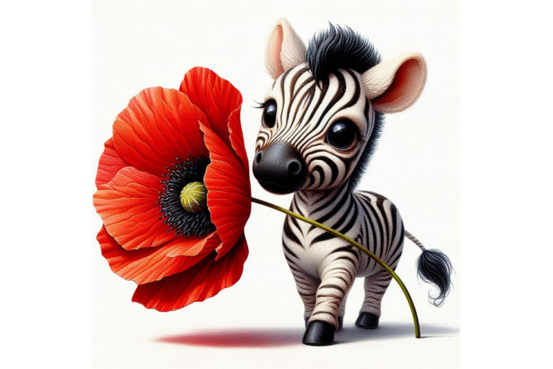 cute-zebra-holding-a-red-poppy