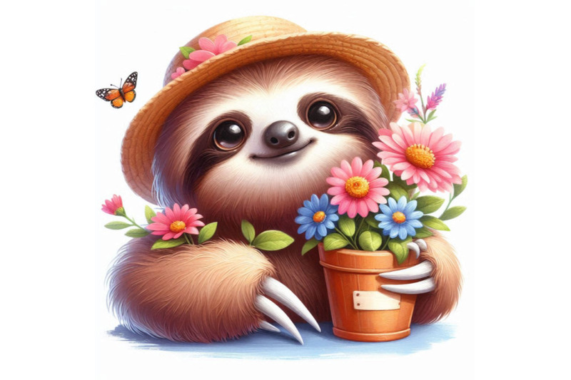 06-cute-sloth-with-a-pot-of-flowers