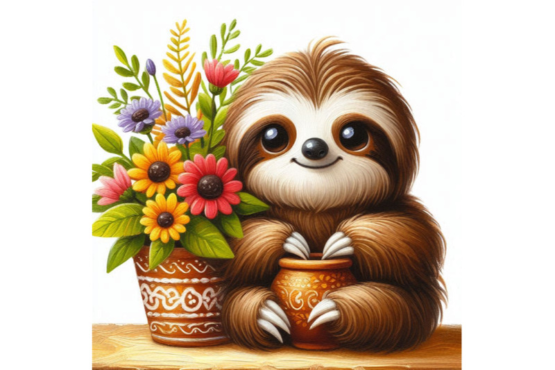 06-cute-sloth-with-a-pot-of-flowers