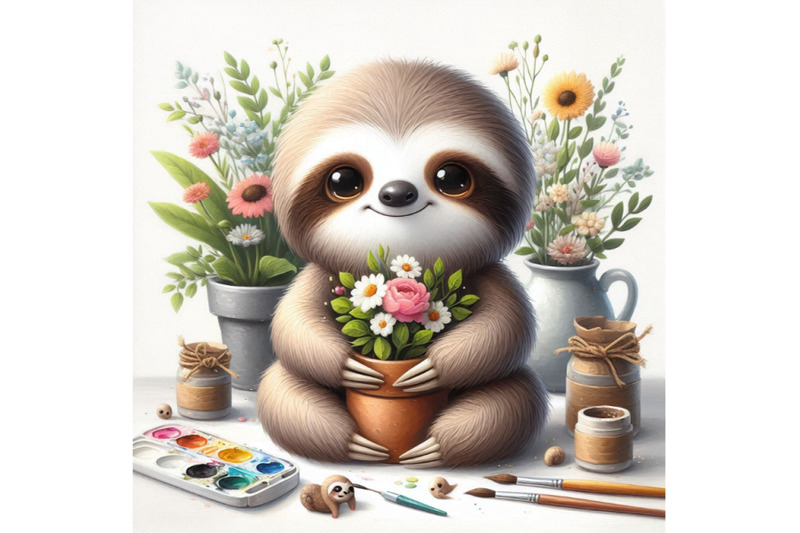 06-cute-sloth-with-a-pot-of-flowers