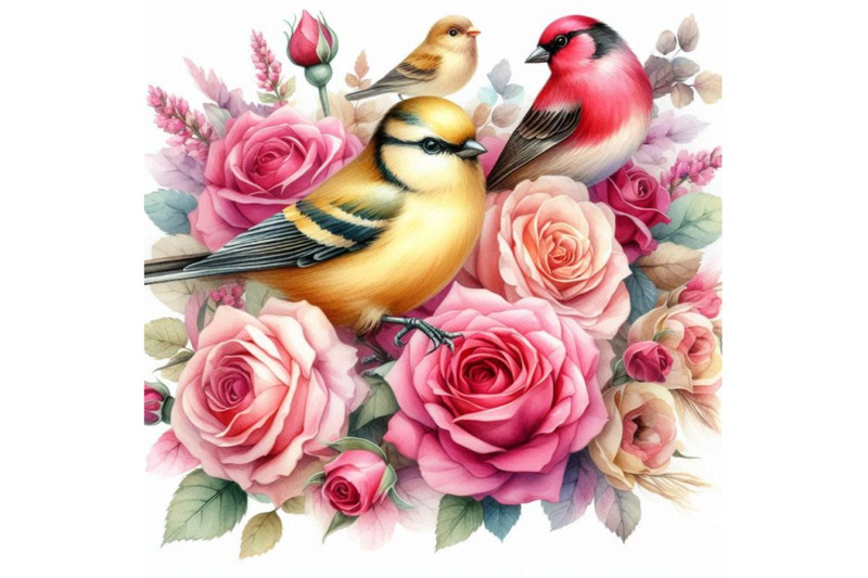 watercolor-birds-on-the-pink-and-red-roses