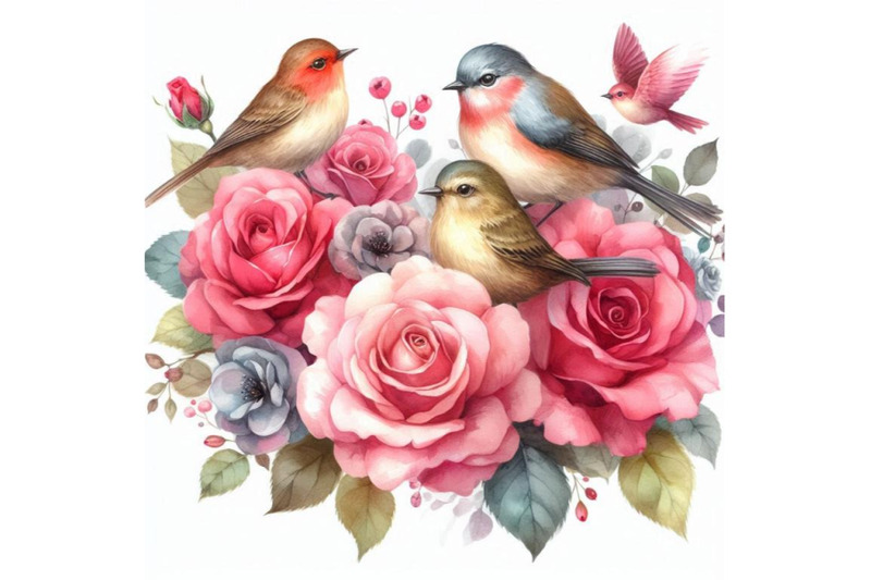 watercolor-birds-on-the-pink-and-red-roses