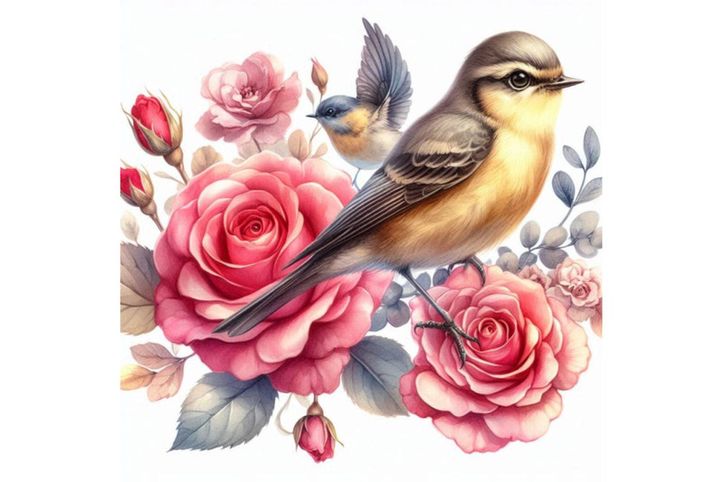 watercolor-birds-on-the-pink-and-red-roses