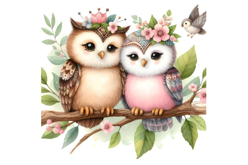 cute-owl-couple-sitting-on-tree-branch