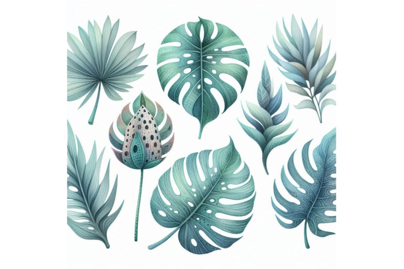 watercolor-tropical-leaf-set-drawing-of-unusual-leaves